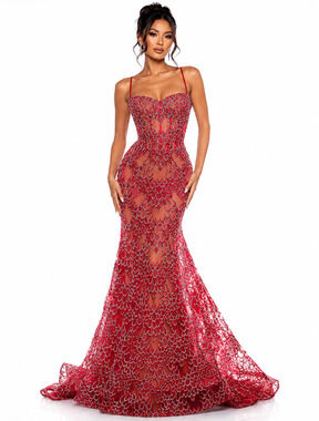 Portia & Scarlett PS25251 Red Glitter Lace Ruffle Evening Gown – Size 12 L-XL